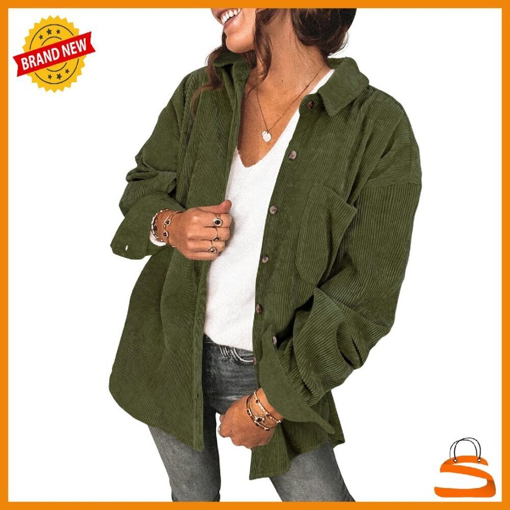 Corduroy Shacket Long Sleeve Button Up Oversized V Neck Blouse Top